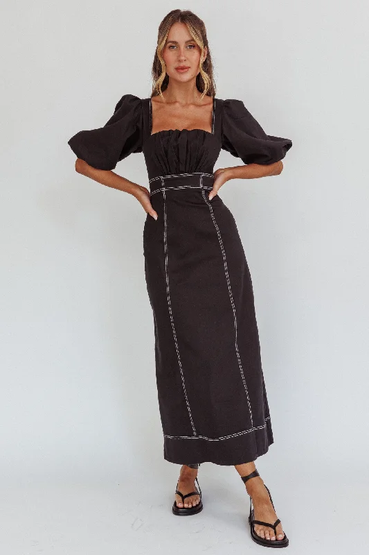 Midi dresses with pleated skirts for a timeless and elegant appeal Sibille Puff Sleeve Contrast Stitch Dress Black