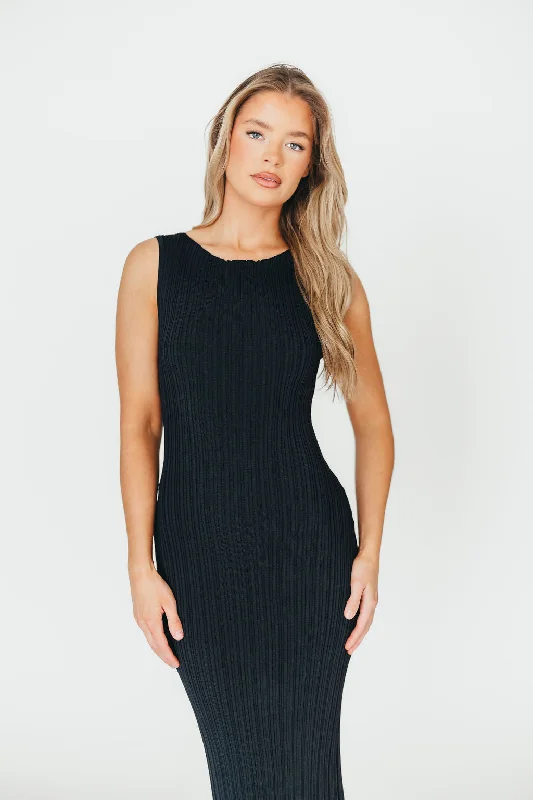 A - line midi dresses with floral prints for spring brunches Falling For You Ribbed Midi Dress in Black - Bump Friendly