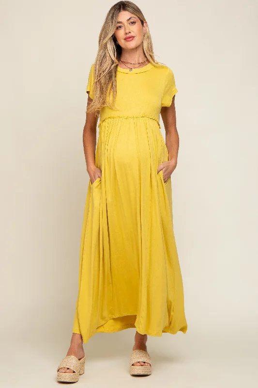 Maternity dress with pockets for convenience Yellow Short Sleeve Pocketed Maternity Maxi Dress Maternity dress with pockets for convenience Yellow Short Sleeve Pocketed Maternity Maxi Dress