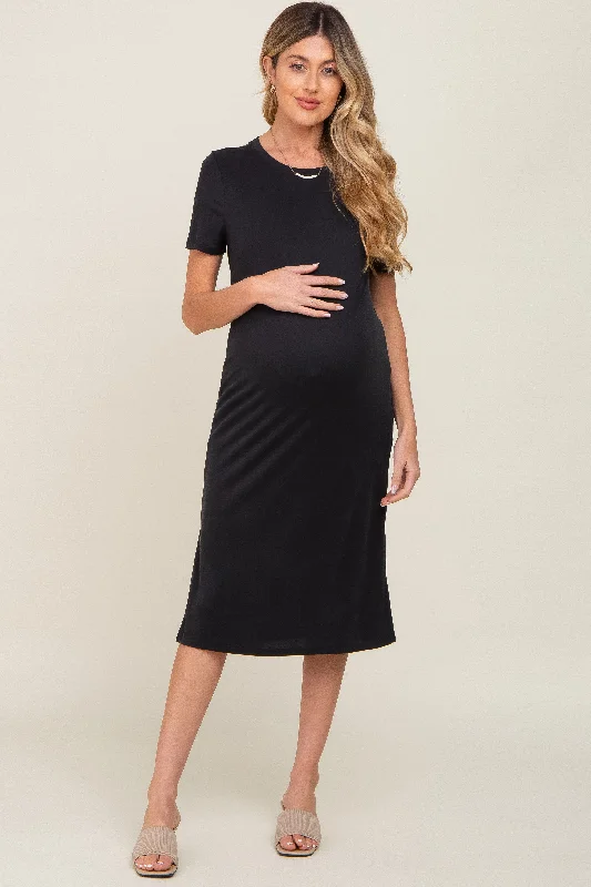 Maternity dress with pockets for convenience Black Midi T-Shirt Maternity Dress