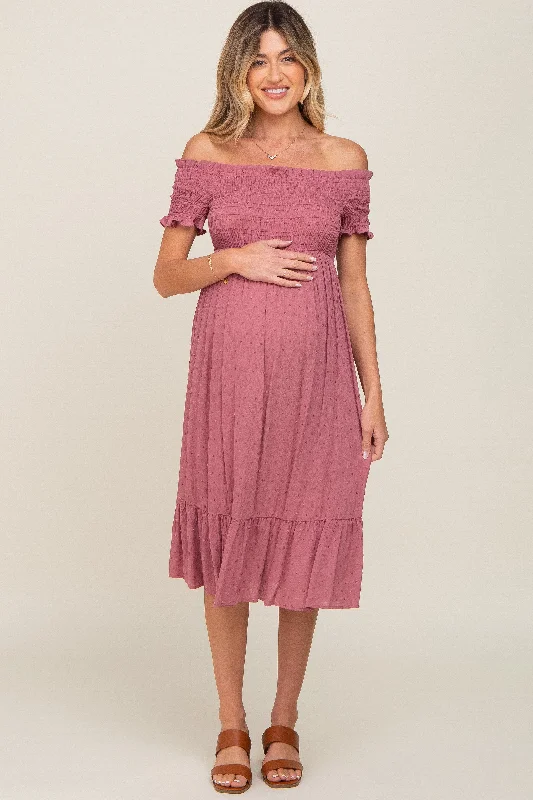 Short sleeve maternity sundress for summer Mauve Off Shoulder Smocked Maternity Midi Dress Short sleeve maternity sundress for summer Mauve Off Shoulder Smocked Maternity Midi Dress