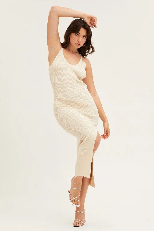 Midi dresses with off - the - shoulder necklines for a flirty look Beige V Neck Kint Midi Dress Midi dresses with off - the - shoulder necklines for a flirty look Beige V Neck Kint Midi Dress