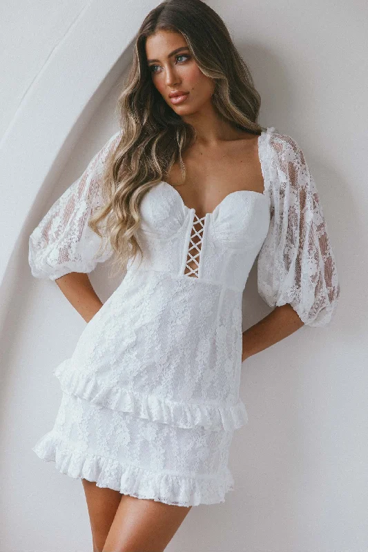 Denim mini dresses with distressed details Hemingway Criss-Cross Bust Balloon Sleeve Frill Trim Lace Dress White Denim mini dresses with distressed details Hemingway Criss-Cross Bust Balloon Sleeve Frill Trim Lace Dress White