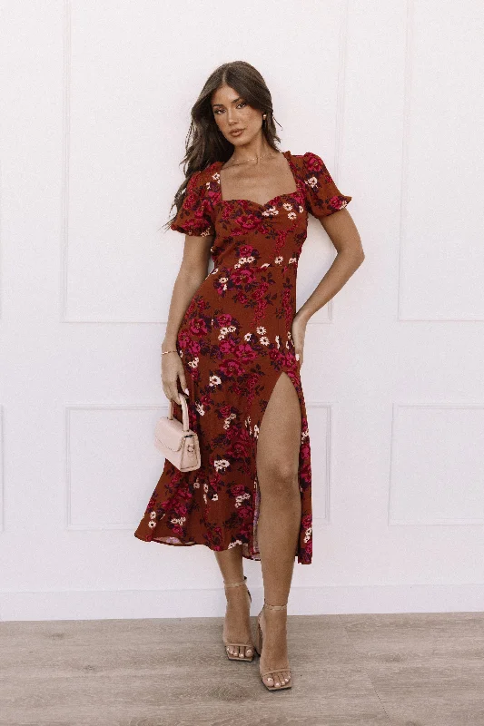 Midi dresses with puff sleeves for a vintage - inspired look Kirby Midi Dress - Vintage Garden