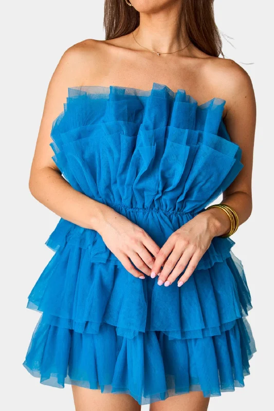 Everyday Dress with Ombre Effect for a Trendy Look Powder Puff Strapless Tulle Mini Dress - Indigo Everyday Dress with Ombre Effect for a Trendy Look Powder Puff Strapless Tulle Mini Dress - Indigo