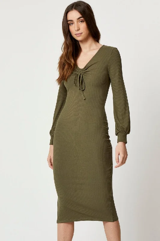 Midi dresses with ruched bodices for a feminine and fitted feel Green Ribbed Drawstring Midi Dress