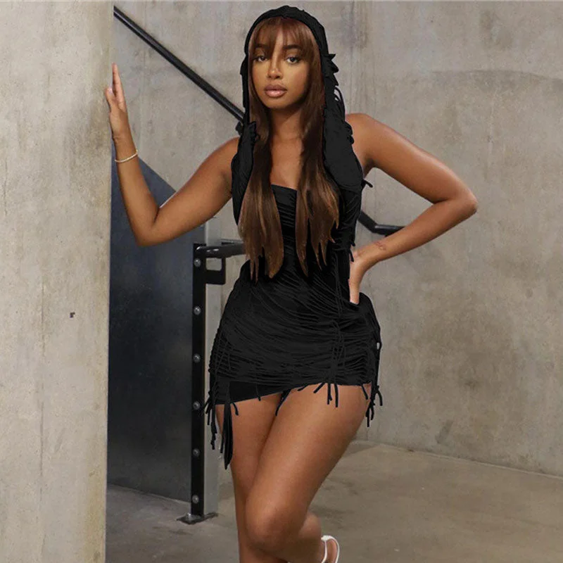 Metallic mini dresses for a glamorous event BerryBetty - Street Style Distressed Sleeveless Low Back Hooded Mini Dress - Black Metallic mini dresses for a glamorous event BerryBetty - Street Style Distressed Sleeveless Low Back Hooded Mini Dress - Black