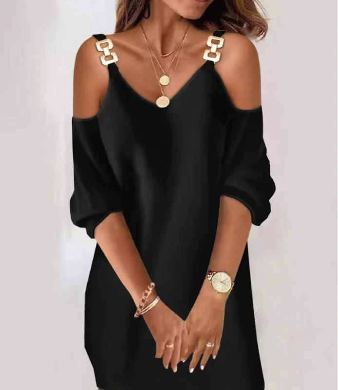 Mini dresses with button - down fronts BerryBetty - Women's Casual loose V-neck mid-sleeved dress Mini dresses with button - down fronts BerryBetty - Women's Casual loose V-neck mid-sleeved dress