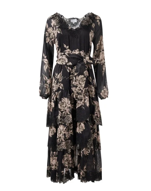 Everyday Dress with Square Neck for a Modern Style Anastasia Black Floral Belted Dress Everyday Dress with Square Neck for a Modern Style Anastasia Black Floral Belted Dress