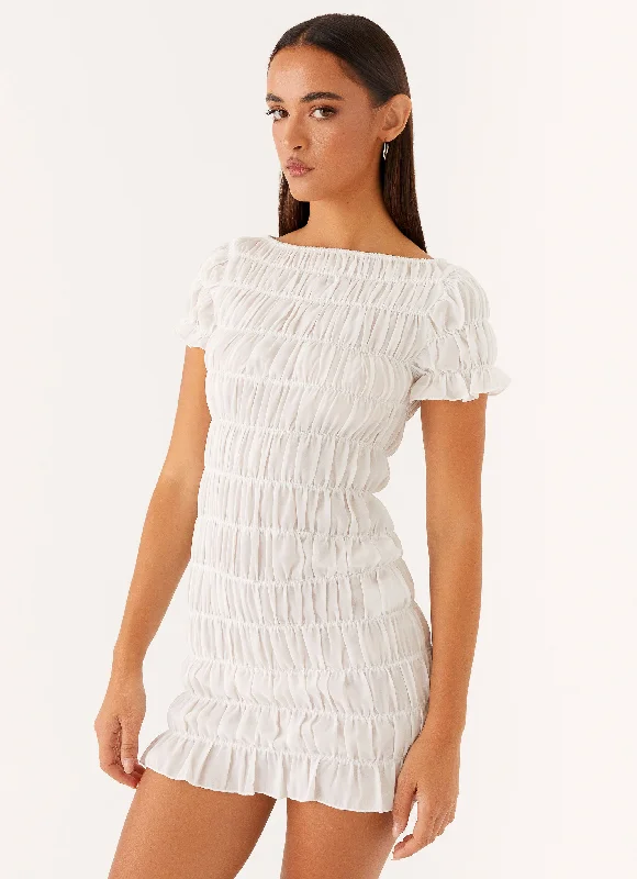 Everyday Dress with Smocked Bodice for a Fitted Look Rita Ruched Mini Dress - White Everyday Dress with Smocked Bodice for a Fitted Look Rita Ruched Mini Dress - White