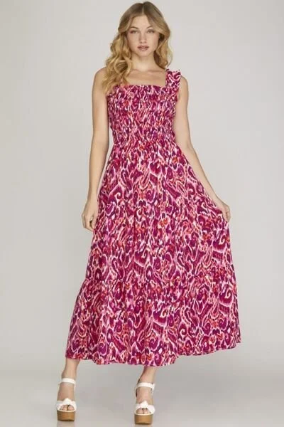 Midi dresses with pleated bodices for a classic and tailored look Smocked Printed Wide Strap Tiered Dress