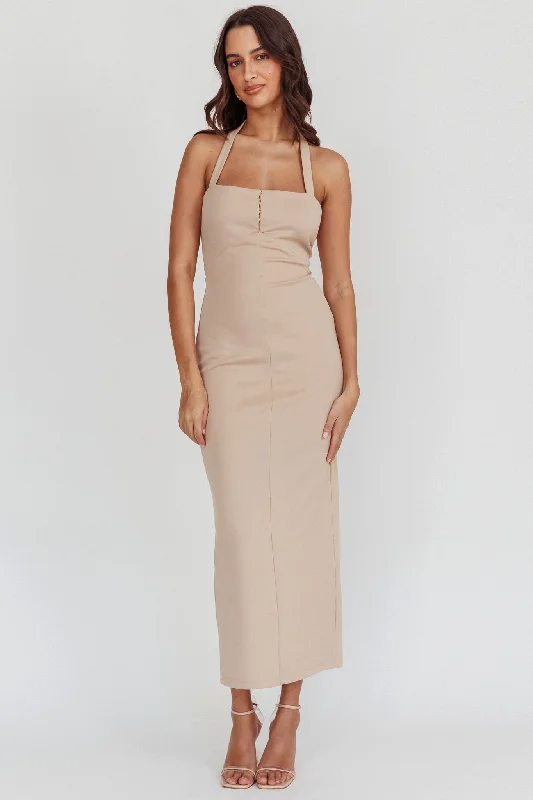 Midi dresses with asymmetric hems for a fashion - forward and dynamic appearance Goldfoil Halter Neck Maxi Dress Ecru