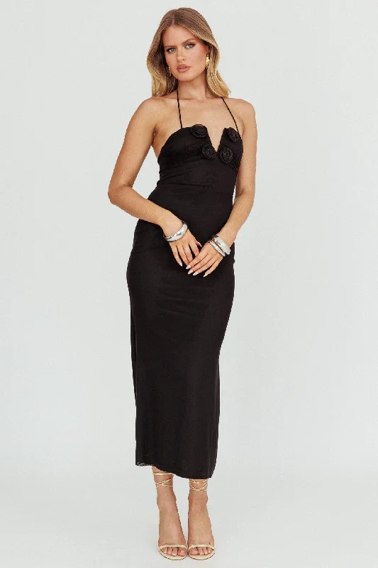Midi dresses with ribbed textures for a unique and tactile appearance Elderberry Bodycon Halter Neck Midi Dress Black