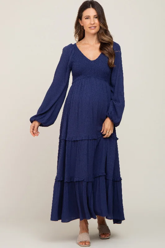 Maternity dress for a baby's first swim Navy Blue Smocked Tiered Maternity Midi Dress Maternity dress for a baby's first swim Navy Blue Smocked Tiered Maternity Midi Dress