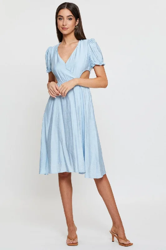Wrap - style midi dresses in silk for a sophisticated office look Blue Midi Dress Short Sleeve V Neck