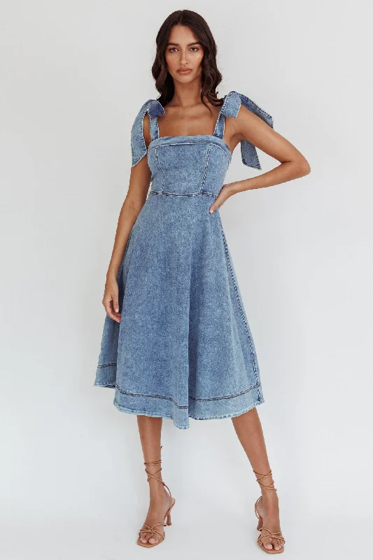 Midi dresses with ruffled hems for a romantic date night Jeanie Bow Shoulder Midi Dress Wash Denim Blue Midi dresses with ruffled hems for a romantic date night Jeanie Bow Shoulder Midi Dress Wash Denim Blue
