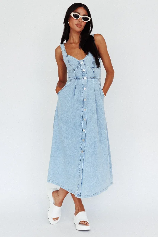 Midi dresses with cold - shoulder cutouts for a trendy style Pixie Dust Button Front Midi Dress Denim Blue