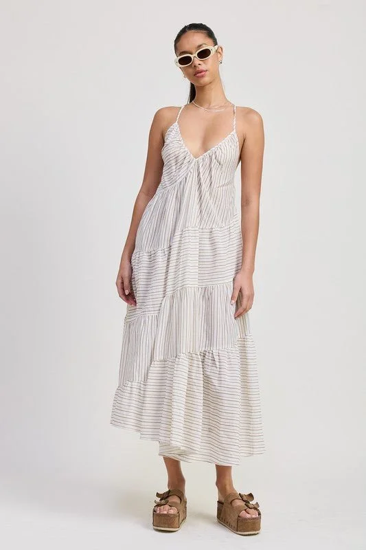 Midi dresses with ruched bodices for a feminine and fitted feel Striped Cross Back Linen Midi Dress Midi dresses with ruched bodices for a feminine and fitted feel Striped Cross Back Linen Midi Dress