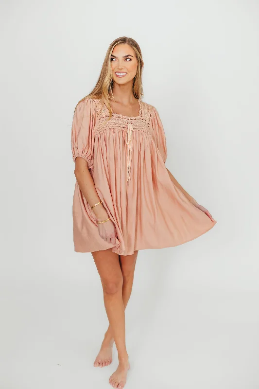 Mini dresses with one - shoulder designs Dottie Lace Trim Linen-Blend Mini Dress in Blush Mini dresses with one - shoulder designs Dottie Lace Trim Linen-Blend Mini Dress in Blush