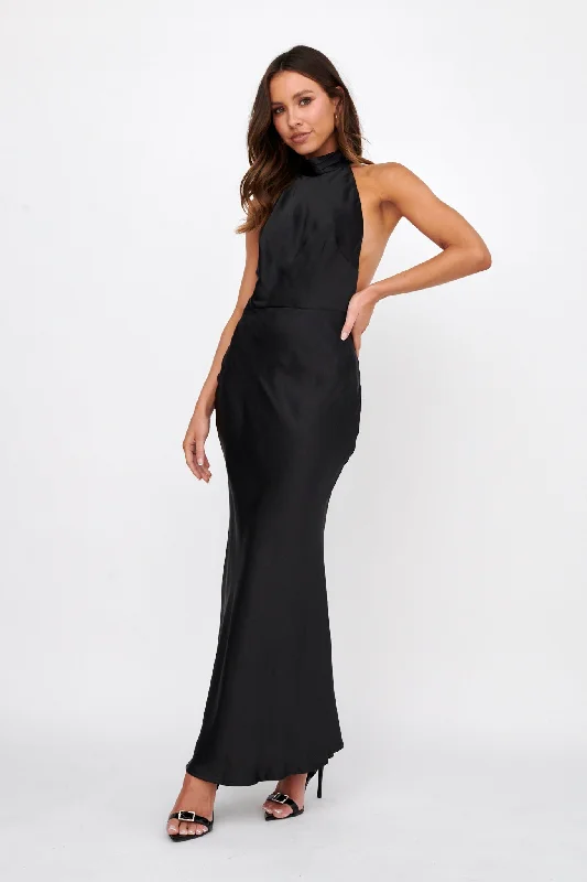Sleeveless midi dresses with lace details for summer weddings Italia Azure Halterneck Pearl Back Maxi Dress Black