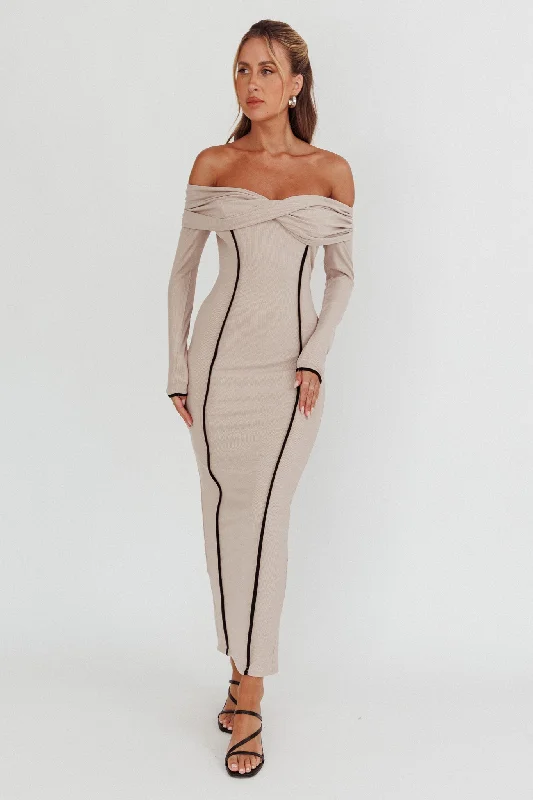 Sheath midi dresses with beaded embellishments for a formal occasion Genesis Off-Shoulder Long Sleeve Maxi Dress Pebble Sheath midi dresses with beaded embellishments for a formal occasion Genesis Off-Shoulder Long Sleeve Maxi Dress Pebble