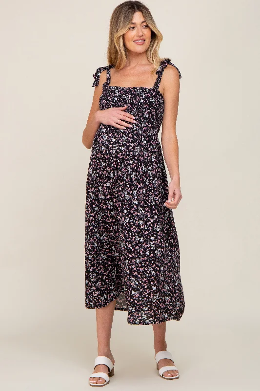 Maternity dress for a baby's first visit to the theater Black Micro Floral Smocked Maternity Dress Maternity dress for a baby's first visit to the theater Black Micro Floral Smocked Maternity Dress
