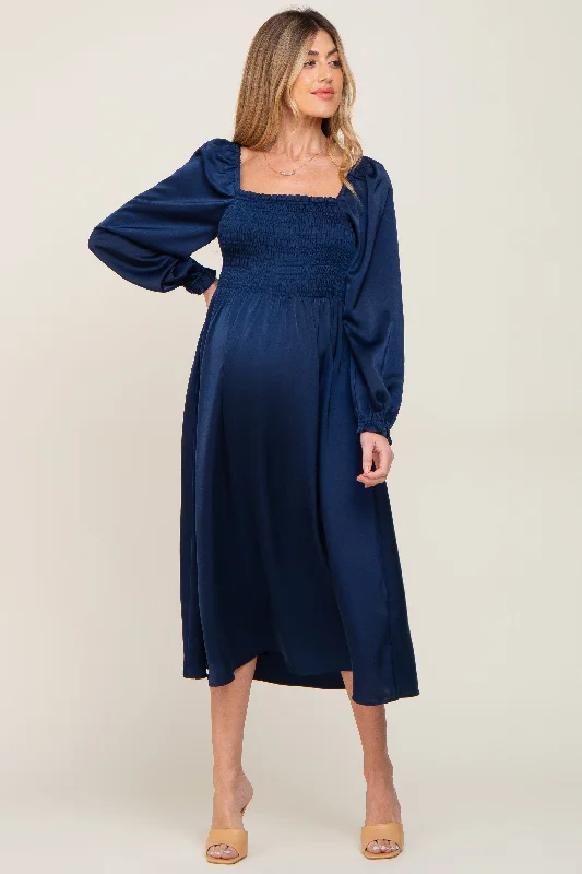 Maternity dress for a baby's first visit to the puppet show Navy Blue Smocked Square Neck Satin Maternity Midi Dress Maternity dress for a baby's first visit to the puppet show Navy Blue Smocked Square Neck Satin Maternity Midi Dress