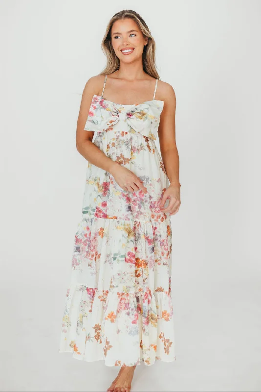 Midi dresses with asymmetric hems for a fashion - forward and dynamic appearance Cecile Bow Front Maxi Dress in Cream/Multi Floral