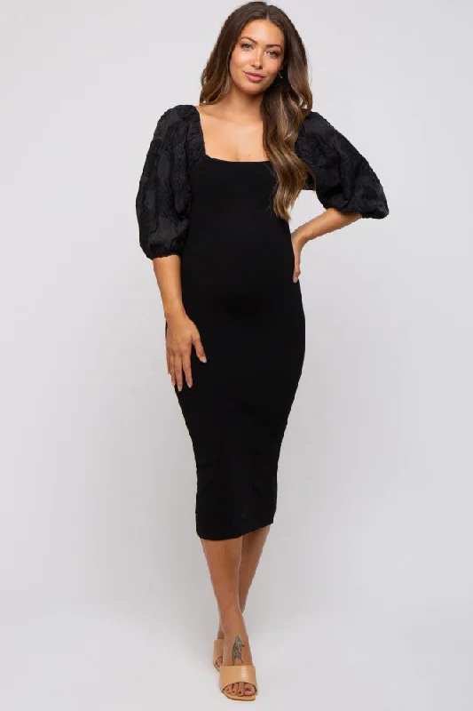 Maternity dress for a baby's first visit to the farm Black Floral Puff Sleeve Maternity Midi Dress Maternity dress for a baby's first visit to the farm Black Floral Puff Sleeve Maternity Midi Dress