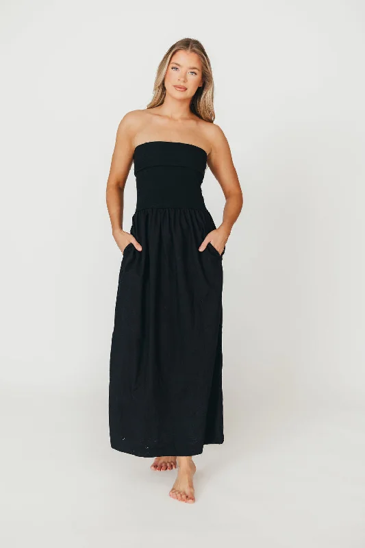 Midi dresses with pom - pom trims for a playful and festive look Kaylee Linen and Ribbed Knit Maxi Dress in Black Midi dresses with pom - pom trims for a playful and festive look Kaylee Linen and Ribbed Knit Maxi Dress in Black