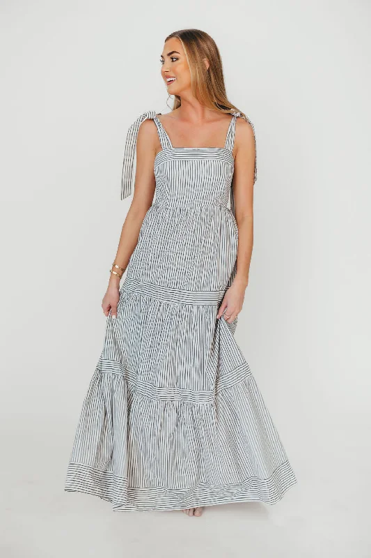 High - low midi dresses with geometric patterns for a modern party Emma Tie Strap Maxi Dress in Navy Blue Stripe High - low midi dresses with geometric patterns for a modern party Emma Tie Strap Maxi Dress in Navy Blue Stripe