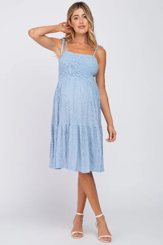 Maternity dress for a baby's first visit to the science center Light Blue Smocked Shoulder Tie Maternity Dress Maternity dress for a baby's first visit to the science center Light Blue Smocked Shoulder Tie Maternity Dress