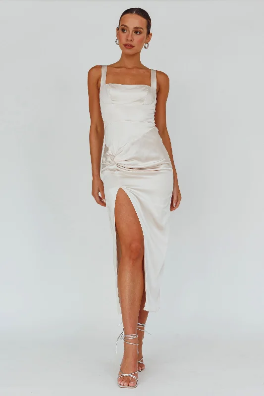 Midi dresses with satin - finish fabrics for a luxurious feel Kristin Knotted Waist Split Midi Dress Champagne