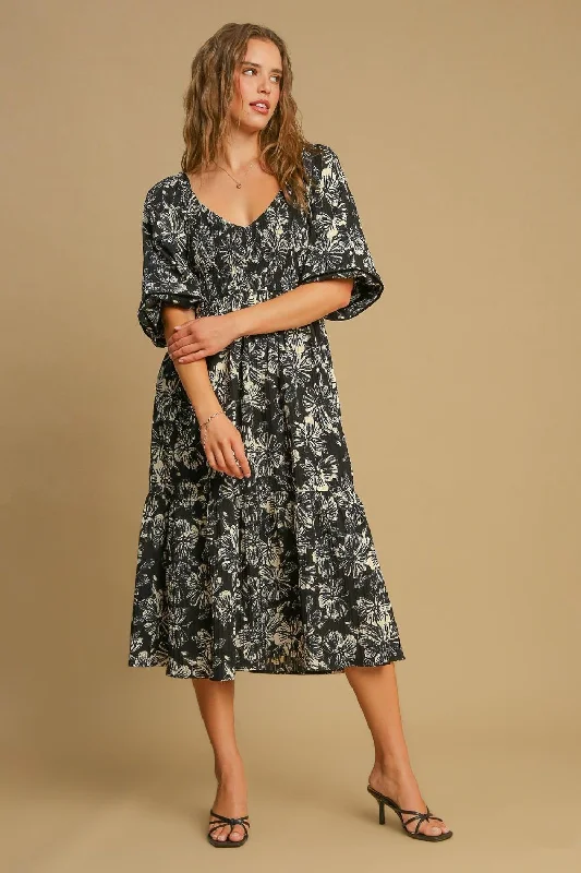 Midi dresses with mesh inserts for a trendy and breathable option Ruffle Hem Floral Midi Dress - Black Midi dresses with mesh inserts for a trendy and breathable option Ruffle Hem Floral Midi Dress - Black