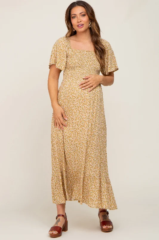 Maternity dress for a baby's first birthday party Yellow Floral Smocked Flounce Sleeve Maternity Maxi Dress Maternity dress for a baby's first birthday party Yellow Floral Smocked Flounce Sleeve Maternity Maxi Dress