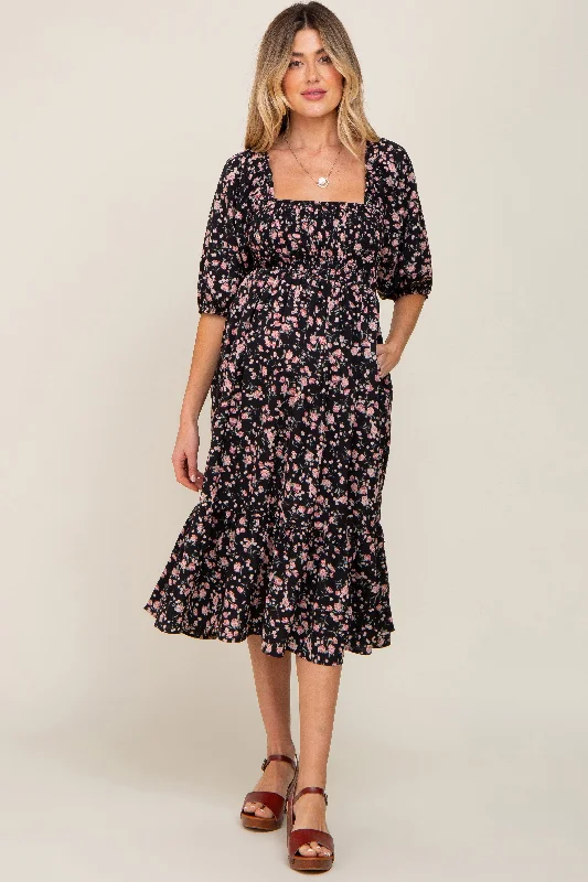 Maternity dress for a gender reveal party Black Floral Smocked Maternity Midi Dress