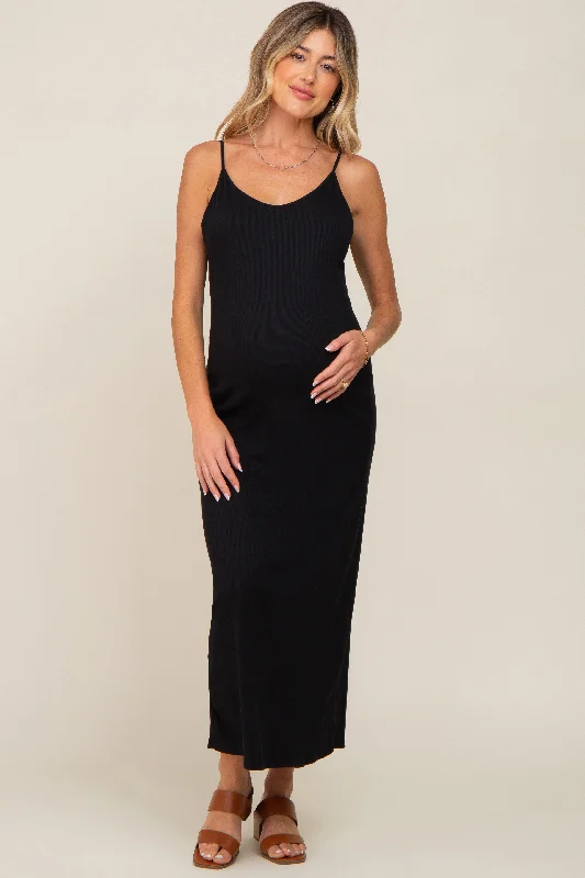 Maternity dress for a coastal vacation Black Ribbed Sleeveless Maternity Maxi Dress