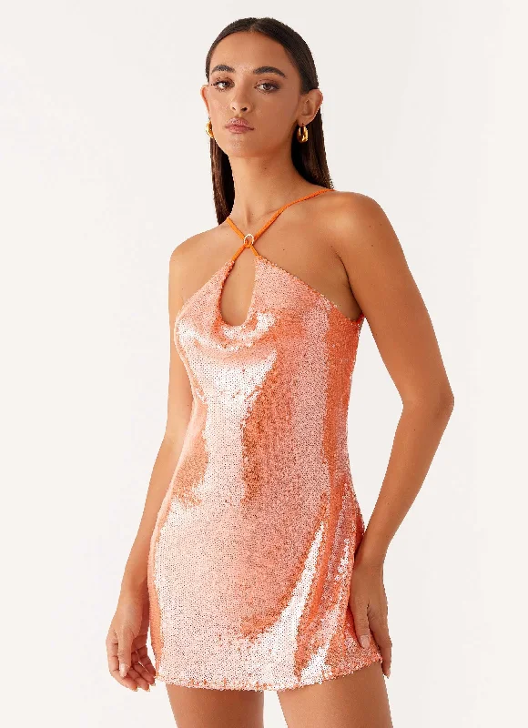 Mini dresses with abstract prints for an artistic look Radiant Energy Cowl Back Mini Dress - Orange Mini dresses with abstract prints for an artistic look Radiant Energy Cowl Back Mini Dress - Orange