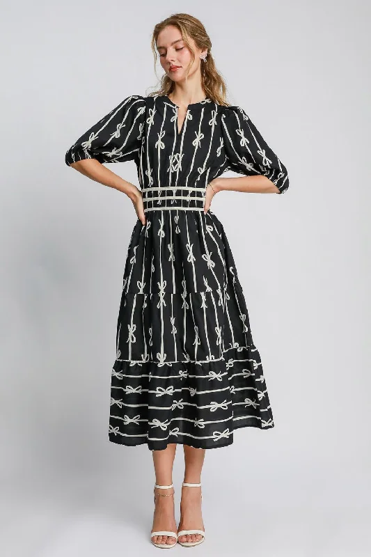 Midi dresses with printed lining for a hidden and stylish detail Bow Tie Velvet Trim Midi Dress