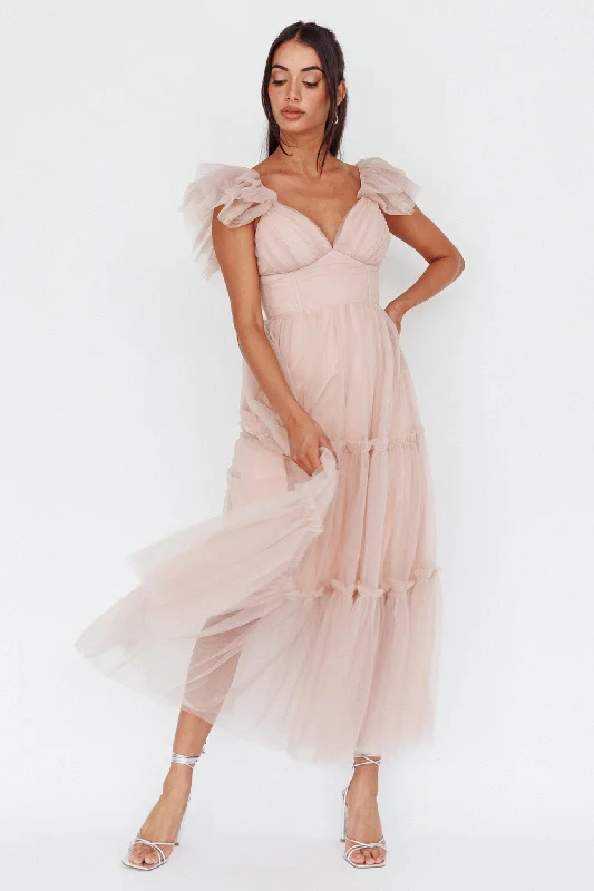 Midi dresses with sheer panels for a touch of allure Amal Ruffle Shoulder Tulle Midi Dress Nude