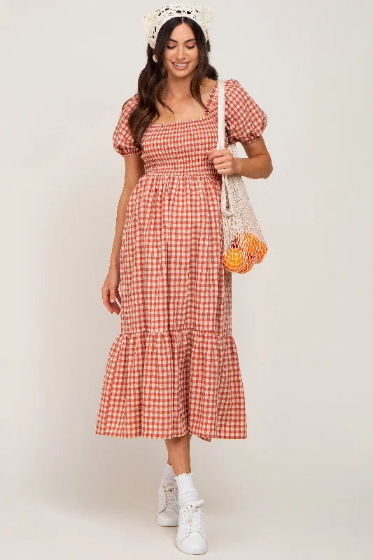 Maternity dress for a baby's first visit to the forest Rust Gingham Smocked Maternity Midi Dress Maternity dress for a baby's first visit to the forest Rust Gingham Smocked Maternity Midi Dress