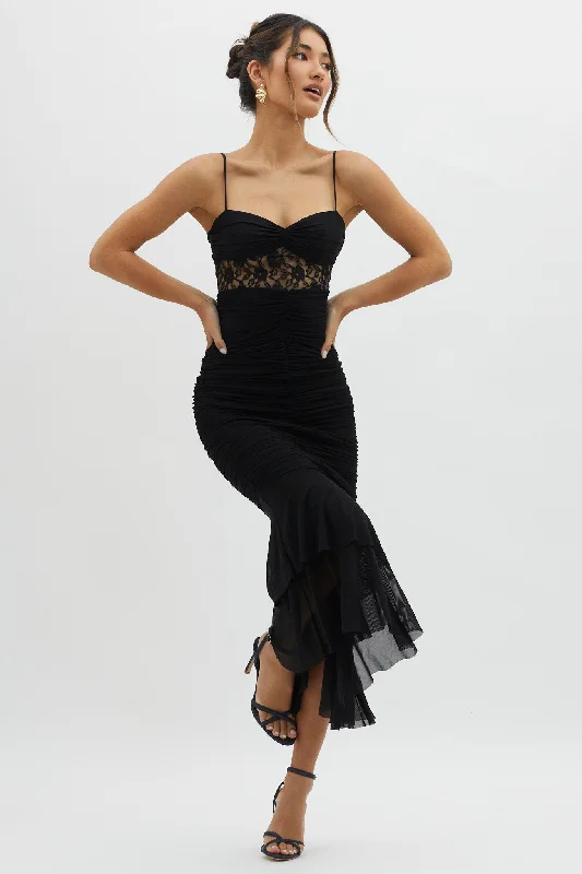 Midi dresses with bow accents for a sweet and charming look Cherubim Lace Insert Ruched Midi Dress Black Midi dresses with bow accents for a sweet and charming look Cherubim Lace Insert Ruched Midi Dress Black