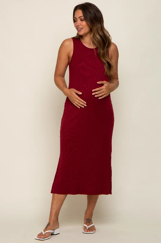 Maternity dress for a Christmas party Burgundy Basic Ribbed Side Slit Maternity Midi Dress Maternity dress for a Christmas party Burgundy Basic Ribbed Side Slit Maternity Midi Dress