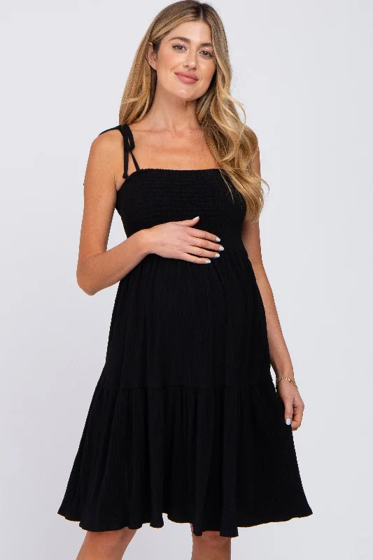 Maternity dress for a baby's first visit to the art gallery Black Smocked Shoulder Tie Maternity Dress Maternity dress for a baby's first visit to the art gallery Black Smocked Shoulder Tie Maternity Dress