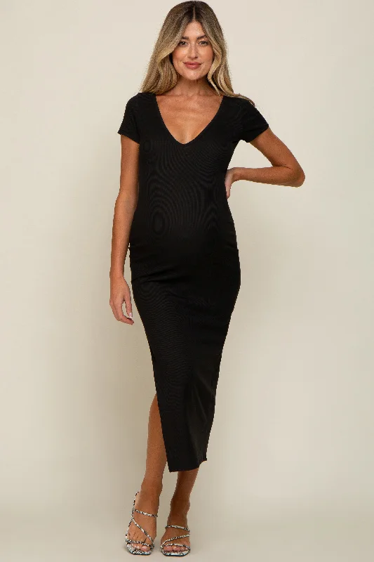 Maternity dress for a baby's first visit to the wildlife sanctuary Black Basic Ribbed Side Slit Maternity Midi Dress Maternity dress for a baby's first visit to the wildlife sanctuary Black Basic Ribbed Side Slit Maternity Midi Dress