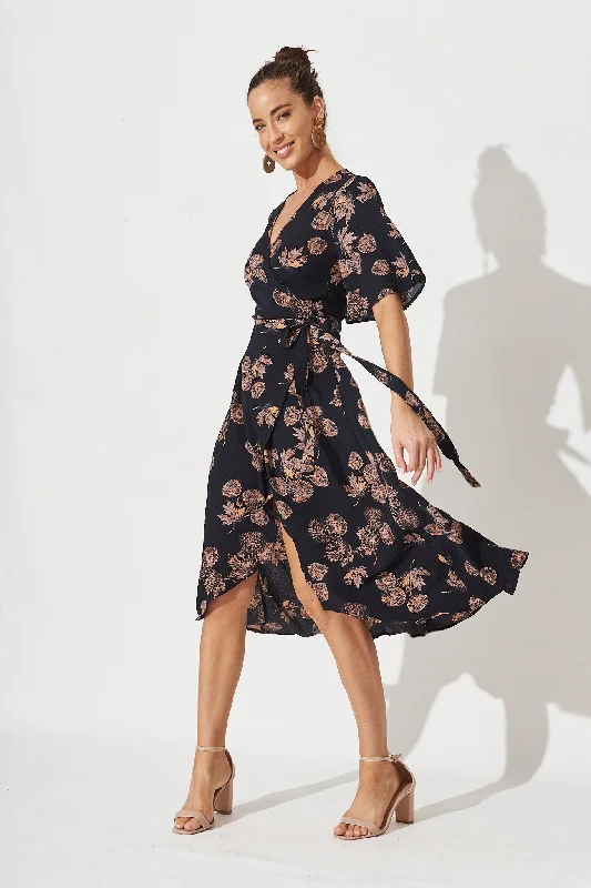 Everyday Wrap Dress with Adjustable Belt Bellerose Midi Wrap Dress In Charcoal With Apricot Floral Everyday Wrap Dress with Adjustable Belt Bellerose Midi Wrap Dress In Charcoal With Apricot Floral