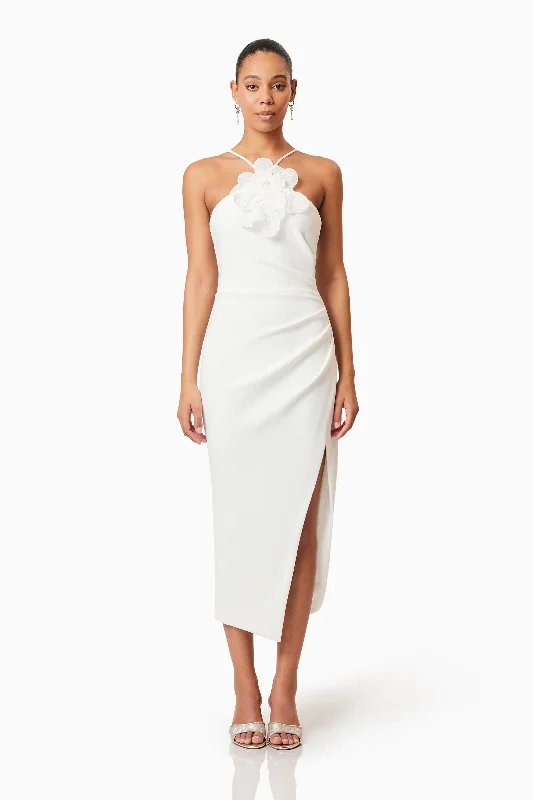 Midi dresses with tassel accents for a bohemian and free - spirited style Janelle 3D Midi Dress In White