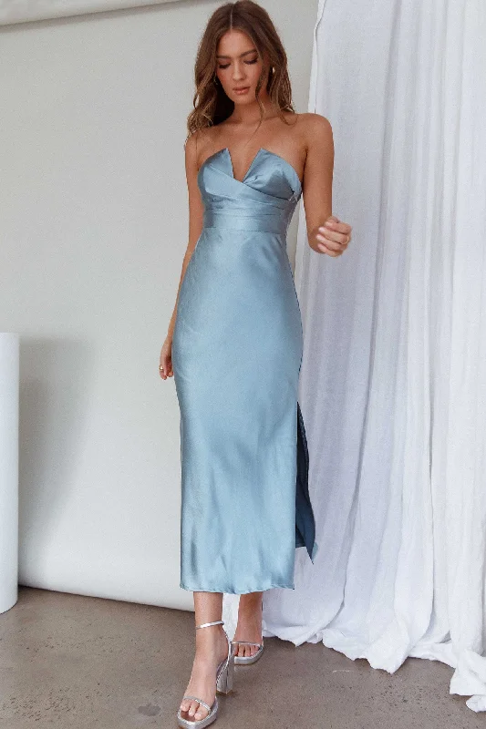 Midi dresses with ruffled bodices for a more pronounced feminine look Ma Jolie Strapless Midi Dress Blue