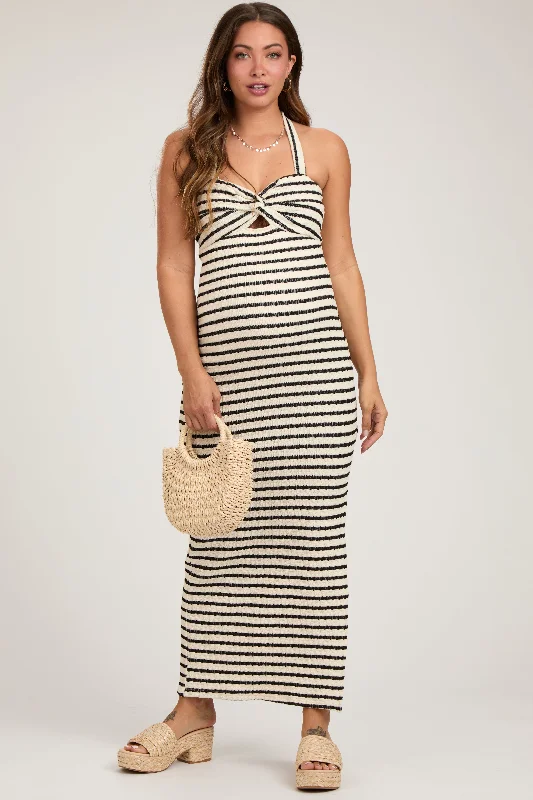 Maternity dress for a baby's first swim Ivory Striped Twist Front Halter Maternity Midi Dress Maternity dress for a baby's first swim Ivory Striped Twist Front Halter Maternity Midi Dress