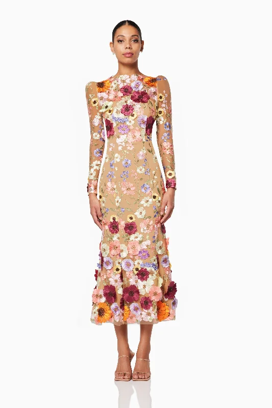 Midi dresses with ruched sleeves for a more fitted and stylish arm look Shannon 3D Floral Midi Dress In Pink Midi dresses with ruched sleeves for a more fitted and stylish arm look Shannon 3D Floral Midi Dress In Pink